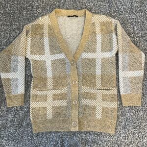 Cyrus women’s cardigan, button-down plaid tan gray white size small